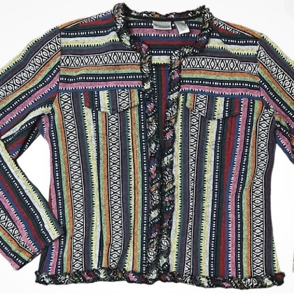 ♟️Chico’s Vintage 90’s Multi Color Rainbow Embroidered Boho Cotton Jacket Size M - Picture 2 of 7